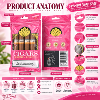 cigar bags custom fabricated from MOPP PE material structure designed to maintain cigar freshness